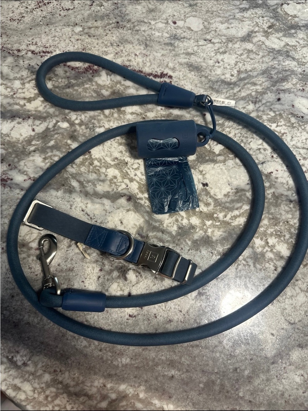 Large Blue Waterproof Dog Collar, Leash, Poop Bag Holder Set